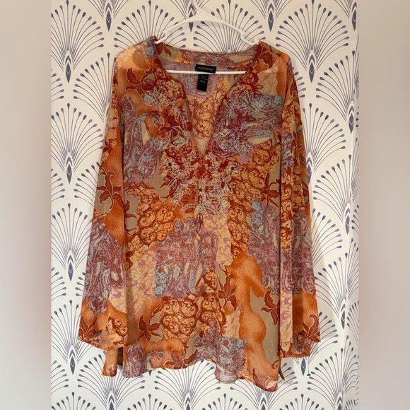Lane Bryant Orange Brown Graphic Long Sleeve Blouse - Picture 1 of 7